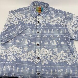 Margaritaville BBQ Shirt Mens Large Blue Tropical Hibiscus Sailboat Button Down